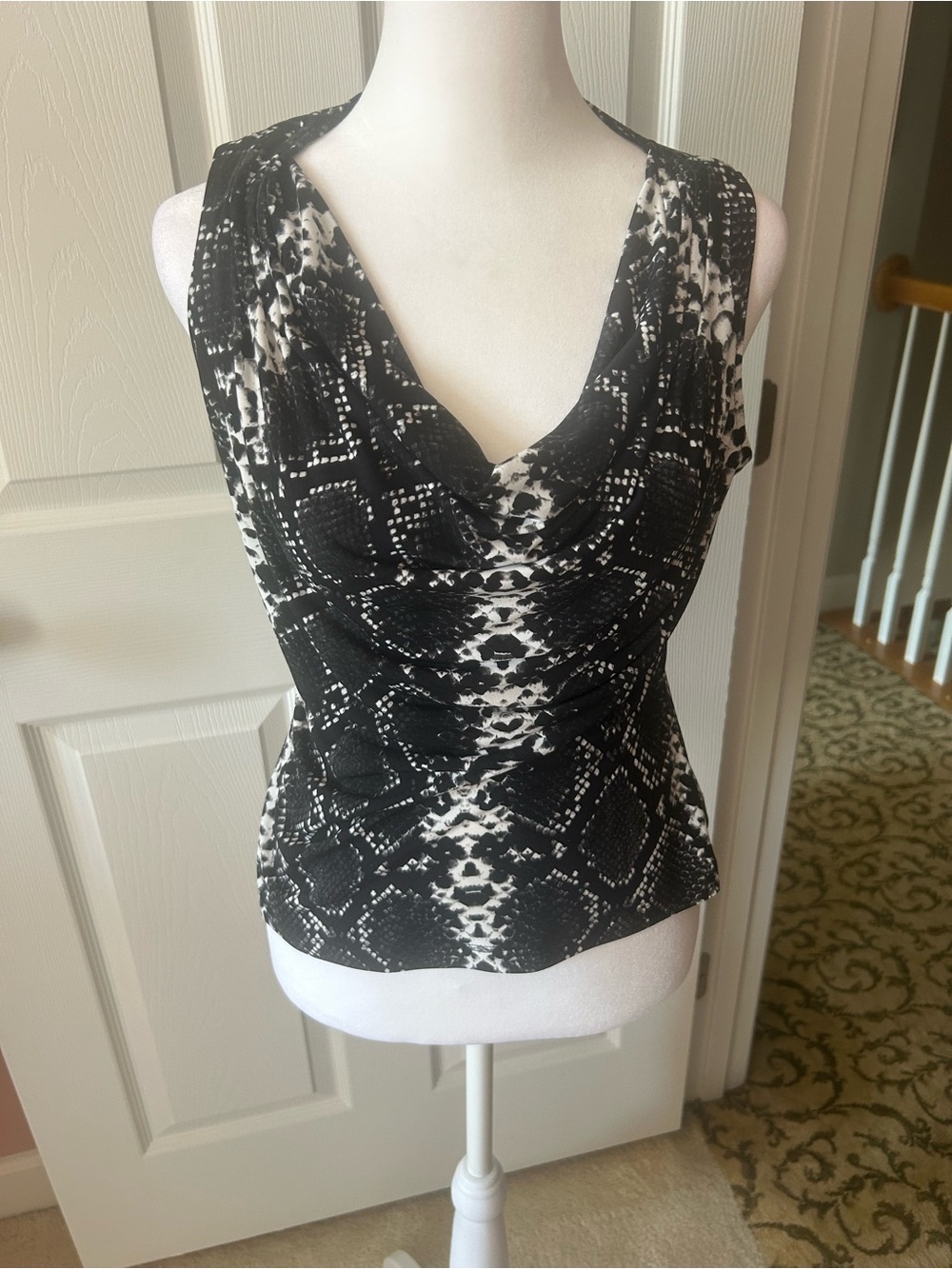 Calvin Klein Black & White Draped Cowl Neck Sleeveless Blouse